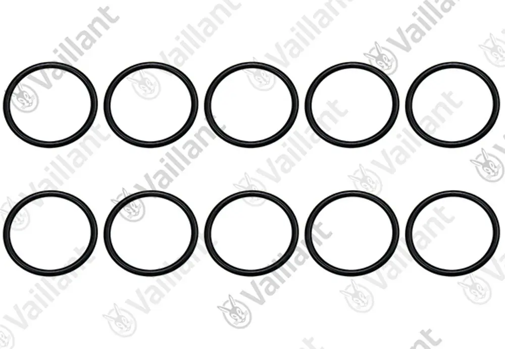 Zehn schwarze O-Ringe auf weißem Hintergrund, beschrieben mit dem Logo der Marke Vaillant.